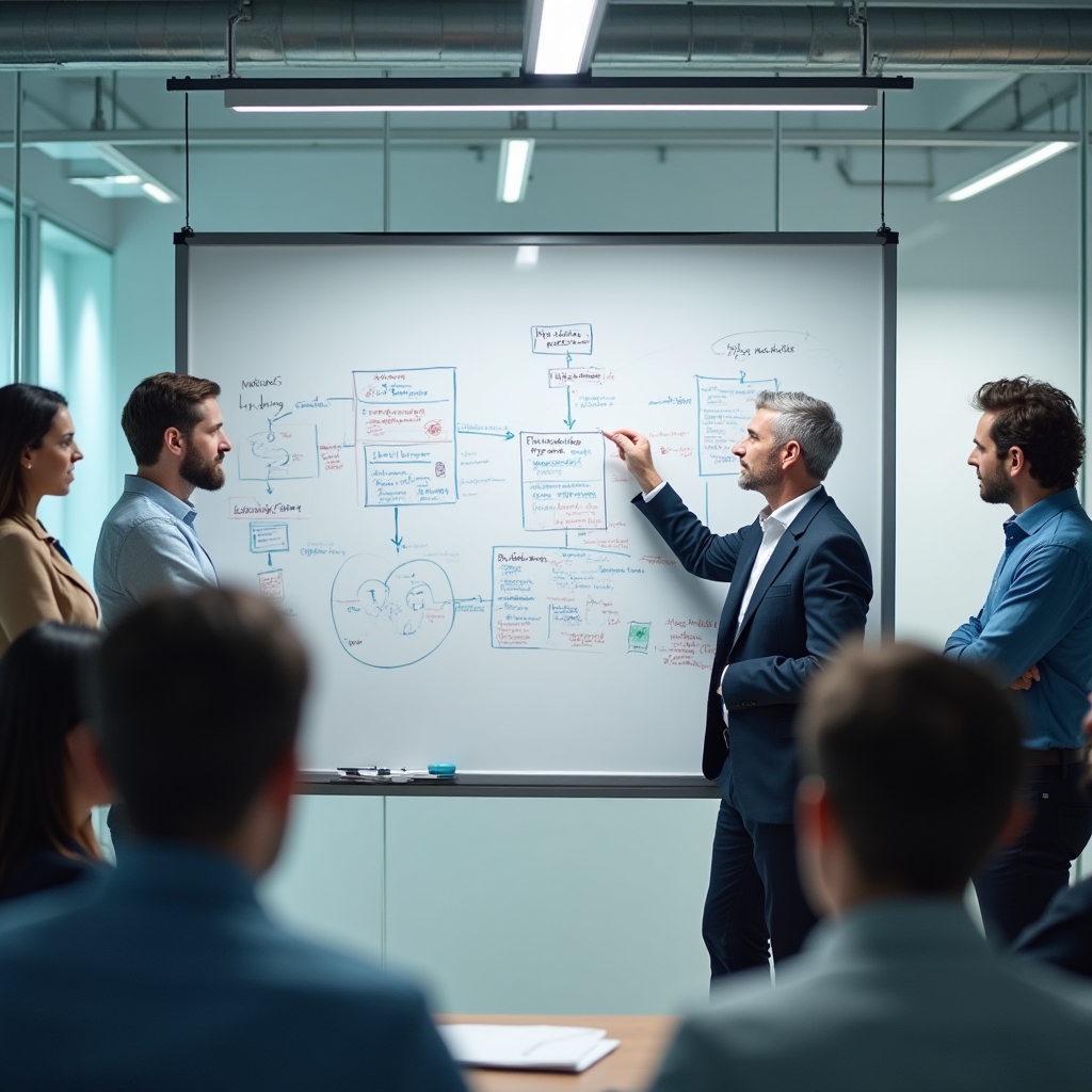 Whiteboard mit skizzierten neuen Prozessabläufen während eines Workshops